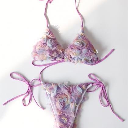 3d Flower Full Floral Two Pieces Bikinis Purple..