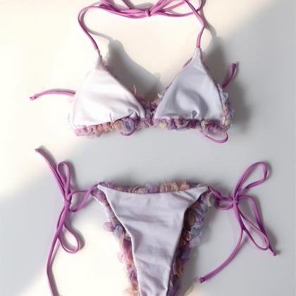 3d Flower Full Floral Two Pieces Bikinis Purple..