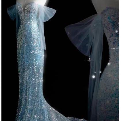 Light Blue Fish Tail Light Luxury Evening Dress..