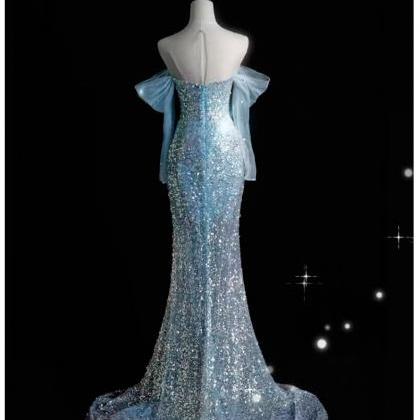 Light Blue Fish Tail Light Luxury Evening Dress..