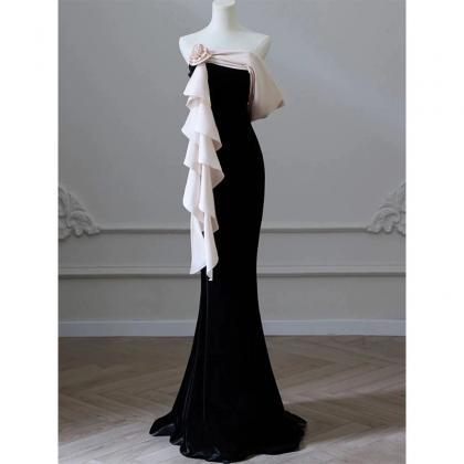 Black Evening Dress 2024 One Shoulder Light Luxury..