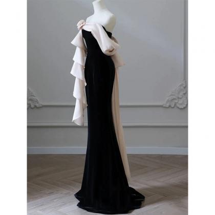 Black Evening Dress 2024 One Shoulder Light Luxury..
