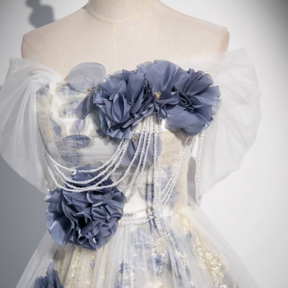 Homecoming Dress Blue Bow Floral Strapless Wedding..