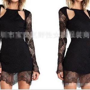 Long Sleeve Lace Hollow Out Sexy Conjoined Skirt..