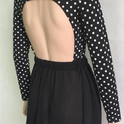 Black Casual Two-piece Open Back Polka Dot Casual..