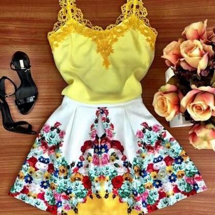 Lace Yellow Skirt Condole Belt Splicing Flower..
