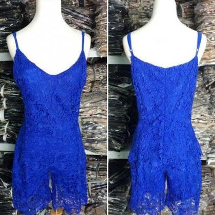 Condole Belt Petals Lace Jumpsuits Blue Dress
