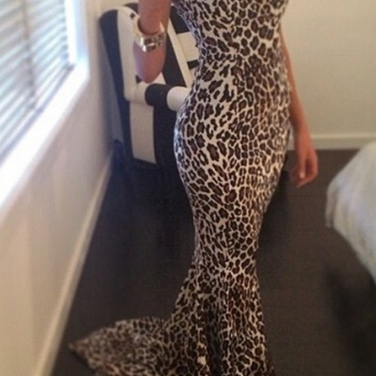 Leopard Long Elegant Strapless Dress