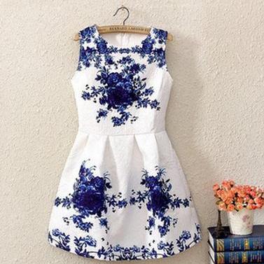 Blue And White Porcelain Print Dress