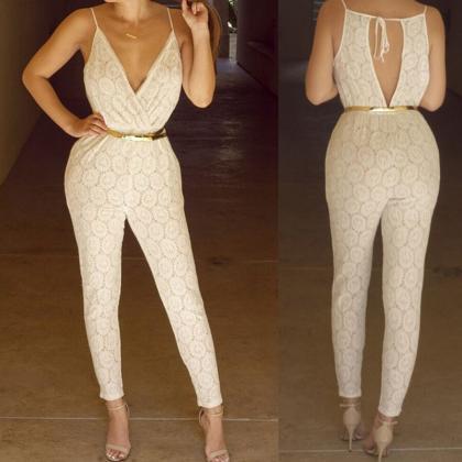 Jumpsuits Cream-colored V-neck Backless Lace..
