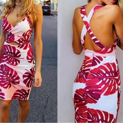 Palm Print Criss-cross Cut Out Strap Dress