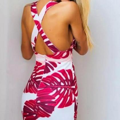 Palm Print Criss-cross Cut Out Strap Dress