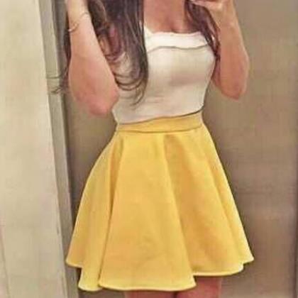 Sleeveless Mini Dress Yellow White Dress