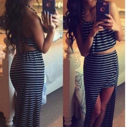 Elegant Sexy Stripe Two Piece Dress Outfit