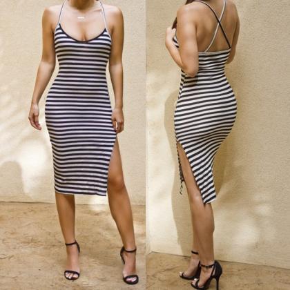 Cross Stripe Cute Dress Show Body Fork Dress