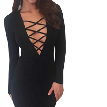 Lace-up Plunge V Long Sleeves Knee Length Bodycon..