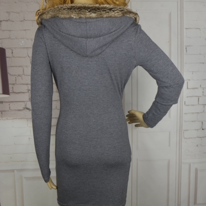 Fashion Sweater Thread V-neck Hooded Collar Dress..