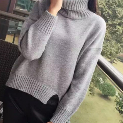Knitted Turtleneck Sweater Featuring Slits