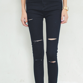 Black waist jeans female knee holes..