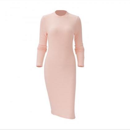 Pure Color Round Collar Sexy Dress Package Hip..