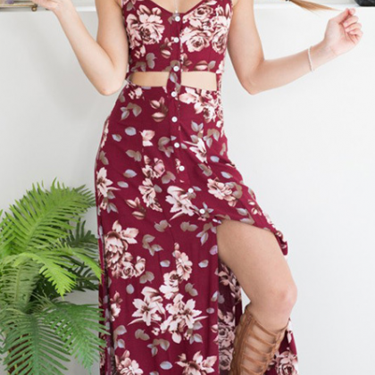 Fashion Red Floral One Piece Dress