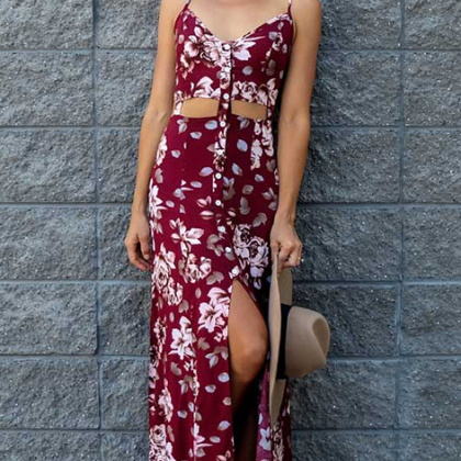 Fashion Red Floral One Piece Dress