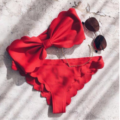 Black Red Strapless Bow Two Piece Bikini