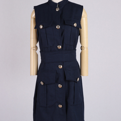 Solid Color Sleeveless Frock Pocket Button Collar..