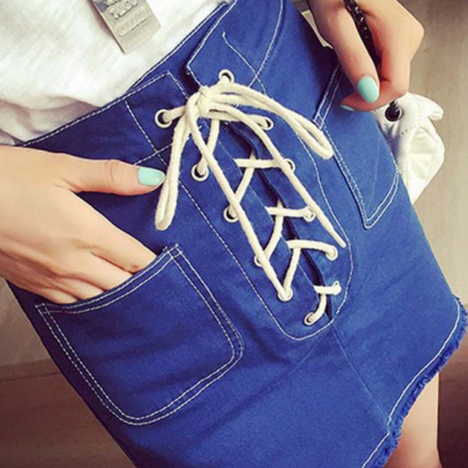 Denim Lace-up Straight-cut Mini Skirt With Frayed..