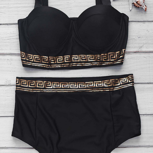 Cute Black Golden High Waist Two Piece Bikinis..