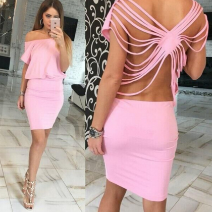 Fashion Sexy Hollow Out Short Sleeve Dress Pink..