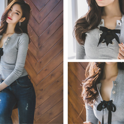 Lace-up Plunge V Long Sleeved Ribbed Top