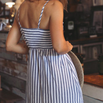 Cute Blue Stripe Bow Hollow Out Sexy Straps Dress