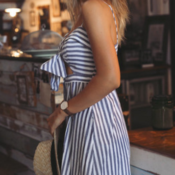 Cute Blue Stripe Bow Hollow Out Sexy Straps Dress