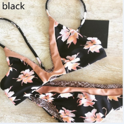 Black Brown Flower Contrast Two Piece Bikini