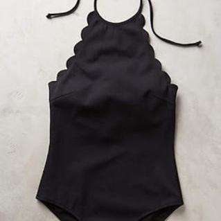 One-piece Halter Neck Tie Swimsuit With Scalloped..