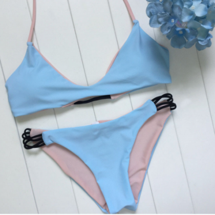 Blue Pure Color Nude Two Sides Wear V Two Piece..