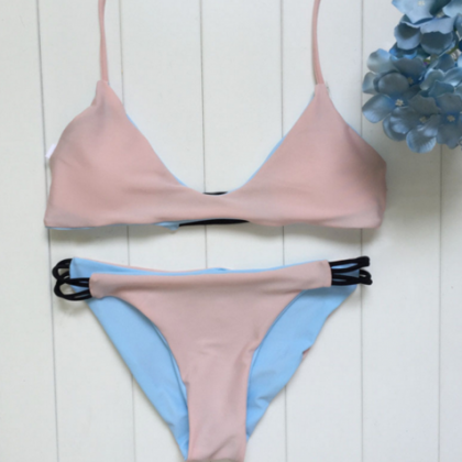 Blue Pure Color Nude Two Sides Wear V Two Piece..