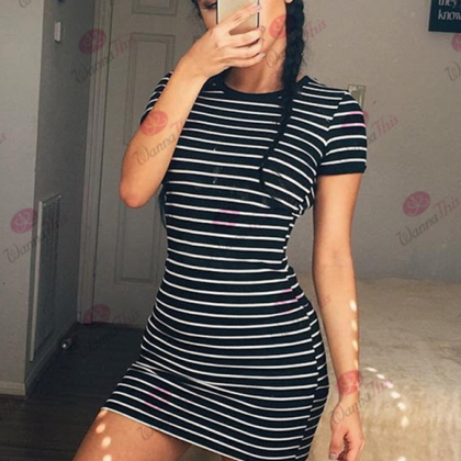 Cute Round Neck Stripe Short Sleeve Dress