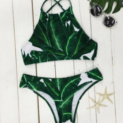 Green Palm Leaves Halter Neck Bikini