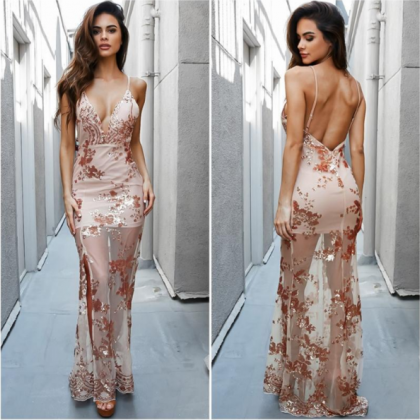 Sequins Side Slid Long Dress Featuring Spaghetti..
