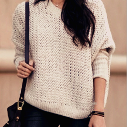 Fashion Beige Hollow Loose Long-sleeved Pullover..