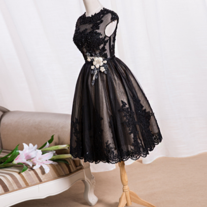 A Black Shoulder Long Dress Lace Beads Tutu Dress..