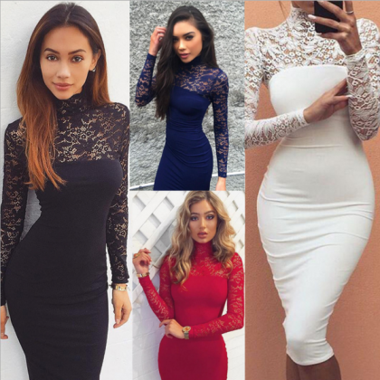 2016 Long-sleeved Lace Dress Sexy And Elegant Slim