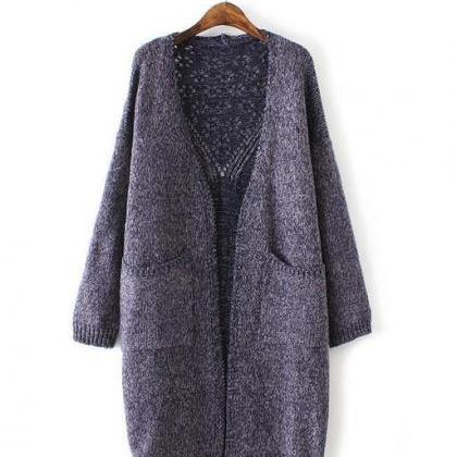 Solid Color Two - Pocketed Hollow Knit Cardigan..