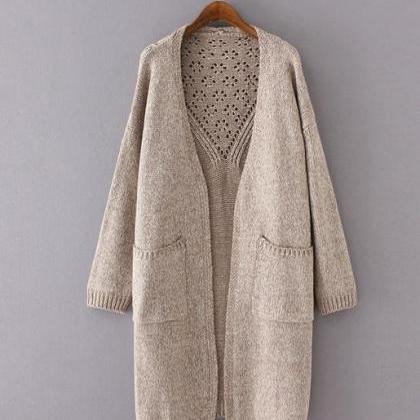 Solid Color Two - Pocketed Hollow Knit Cardigan..
