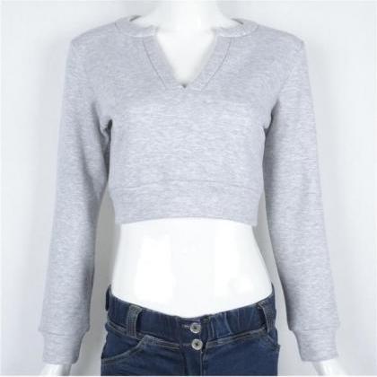 V-collar Umbilical Long-sleeved Grey Sweater