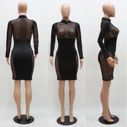Sexy Dress Stitching Network Yarn Long Sleeve..