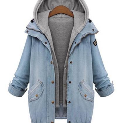 Faux Twinset Hooded Zip-up Denim Jacket