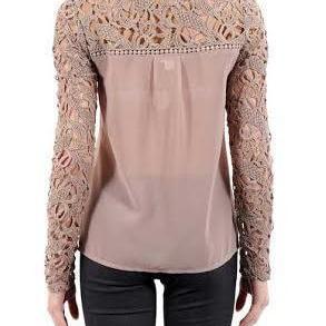 Rosey Brown Crochet Lace Panel Long Sleeve Blouse